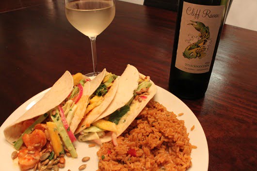 Cliff Raven Torrontes Paired with Shrimp Tacos with Pickled-Red-Onion Salad