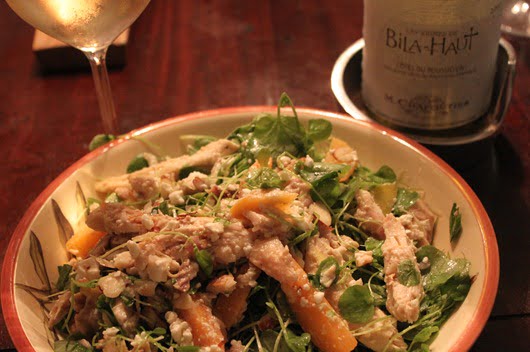 Chicken and Watercress Salad with Almonds and Feta with Chapoutier Bila-Haut Blanc